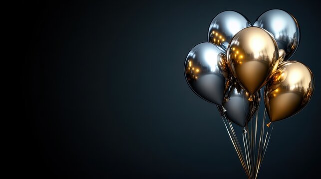 Metallic Gold and Silver Balloons on Dark Background - Birthday Party Celebration Decoration