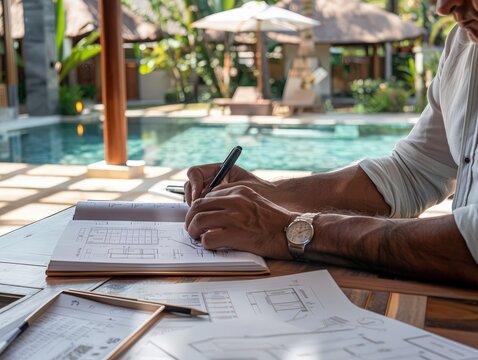 Architect Designing Luxury Resort by the Poolside