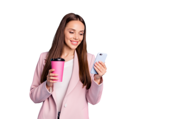 Portrait of charming cheerful lady using her cell phone reading news blogs wearing topcoat isolated over blue color background