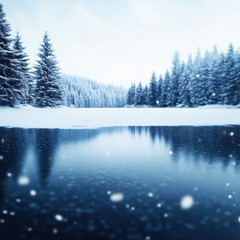 A serene winter landscape featuring a tranquil lake surrounded by snow-covered pine trees, capturing the essence of tranquility and beauty.