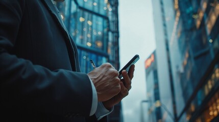 Close-up of businessman using mobile phone for online finance digital wallet screen