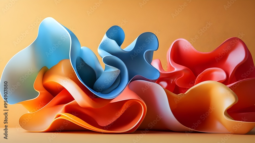 Poster vibrant 3d abstract geometric shapes in tertiary color palette arranged in dynamic composition