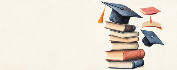 A stack of books with graduation caps, symbolizing education and achievement. Perfect for academic and graduation themes.