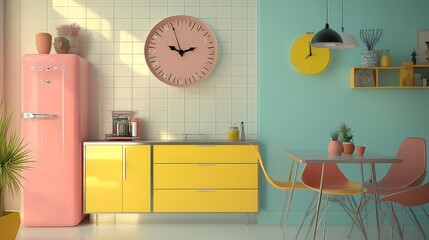 Design a charming, retro-style clock with colorful, mid-century modern elements.