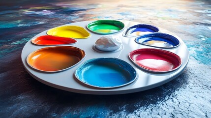 Vibrant 3D Rendered Painter s Palette Shaped as a Color Wheel with Paint Dollops