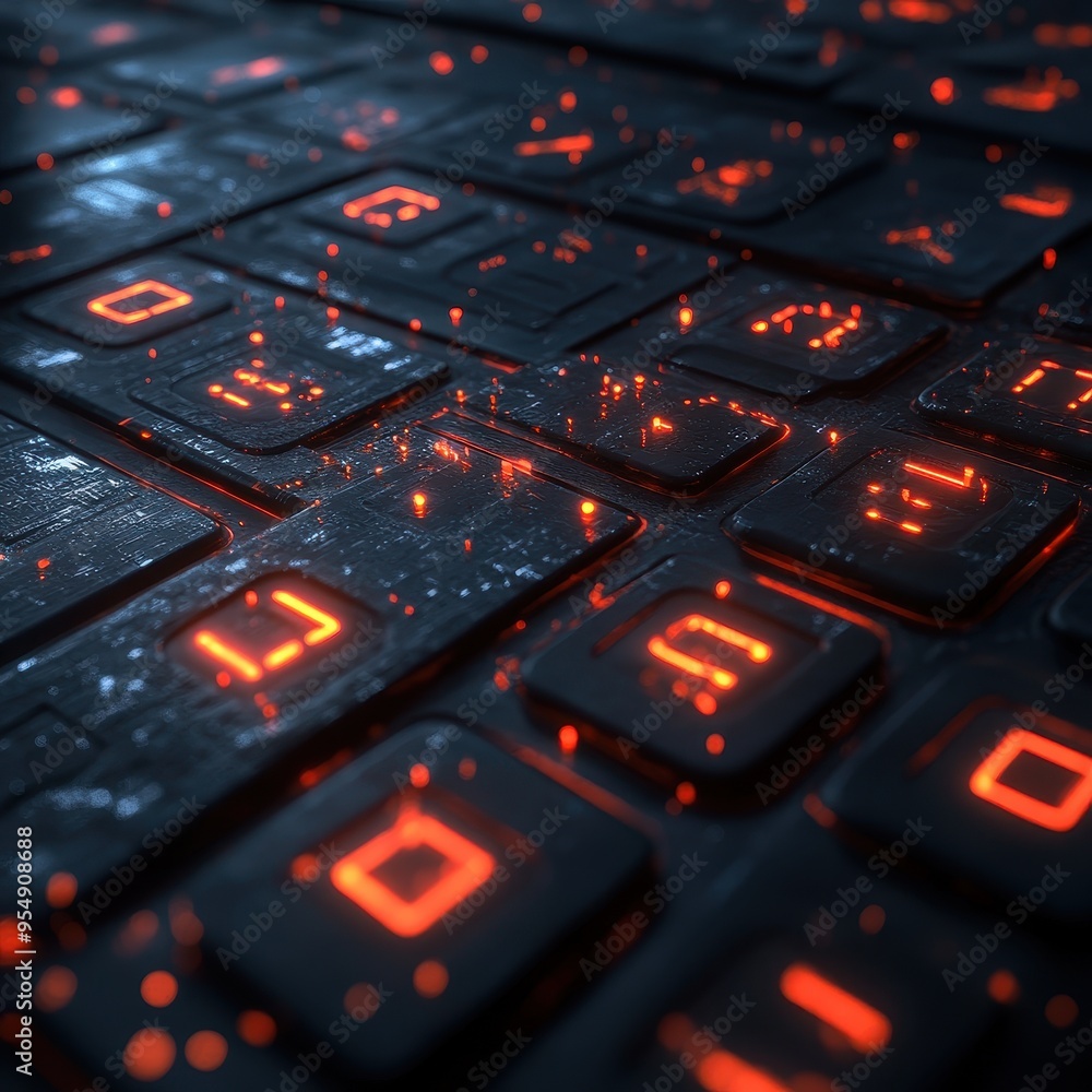 Poster abstract red glowing buttons on a black futuristic keyboard.