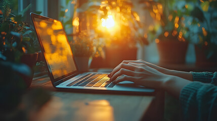 Close-up of hands typing on a laptop in a bright, organized workspace with natural light streaming in through the window.