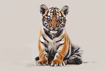 Obraz premium Featuring a cute baby Northeast Tiger in cartoon and Chinese ink painting style, this digital art depicts the tiger sitting on the ground, smiling at you.