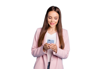 Portrait of charming cute sweet lady using her smartphone chatting with friends wearing topcoat isolated over blue background
