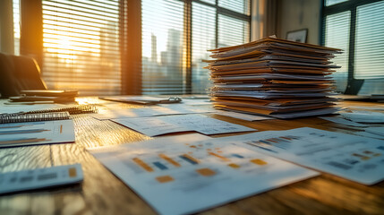 A workspace with stacked papers and financial charts illuminated by sunset, showcasing productivity and organization.