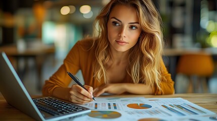 Fototapeta premium Close-up of a woman budgeting at her desk, calculator in hand, with a laptop displaying a financial report.