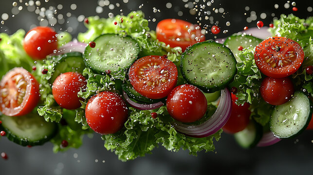 visually appealing 3D scene with fresh salad ingredients suspended in mid-air, captured as high-quality PNG cutouts with transparent backgrounds. Show crisp lettuce, juicy cherry tomatoes, sliced cucu