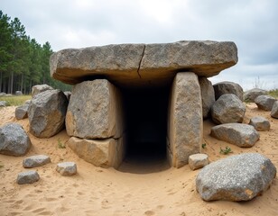 A mysterious stone passageway made from large, weathered boulders, set against a natural backdrop of pine trees and a cloudy sky.