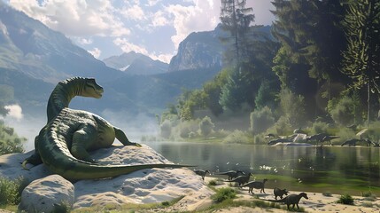 Titanoboa basking on a sunlit rock by a tranquil lake with a herd of dinosaurs grazing nearby The scene is serene yet tense with the potential for sudden violence hanging in the air