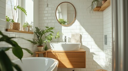 Scandinavian-style bathroom featuring white tiles, natural wood elements, and a simple mirror, creating a clean and minimalist aesthetic.
