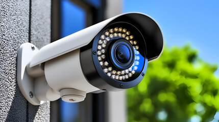 Close-up of a modern security camera mounted on a building, ideal for surveillance and safety. Clear blue sky in the background.