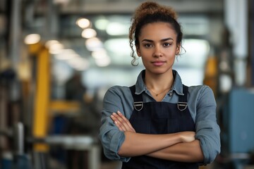 Fototapeta premium A woman with a black apron and a blue shirt is standing in a factory. She is wearing a necklace and has her arms crossed
