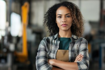 Fototapeta premium A woman with curly hair is standing in a garage with her arms crossed. She is wearing a plaid shirt and apron