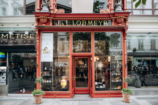 Vienna, Austria - August 5, 2024: Facade of the J. & L. Lobmeyr, high-end, family-owned shop since 1823 crafting crystal stemware & chandeliers.