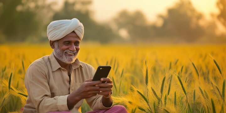 A man in a turban is sitting in a field and looking at his cell phone. Concept of solitude and disconnection from the natural world