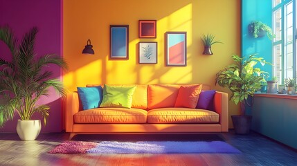 Vibrant Tertiary Color Accented 3D Rendered Interior Design of a Modern Room