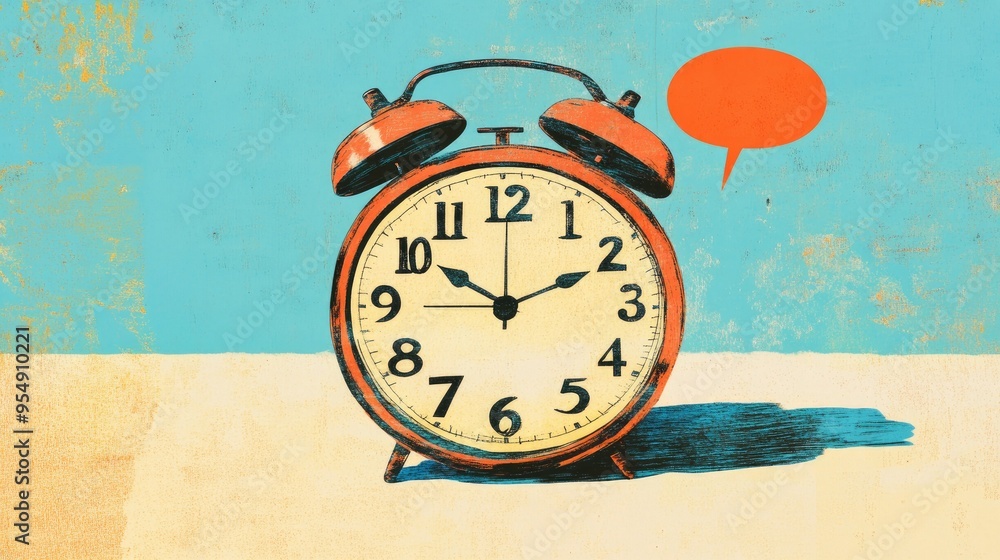Poster a clock with a speech bubble, capturing the concept of time and communication, perfect for illustrat