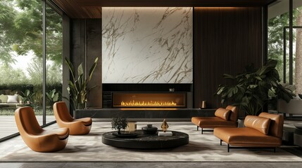 Sophisticated living room featuring leather chairs, a sleek fireplace, marble accent wall, and floor-to-ceiling windows overlooking lush greenery for a luxurious ambiance.
