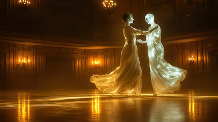 A playful ghost couple dancing together in an empty ballroom, their semitransparent figures swirling gracefully, illuminated by dim candlelight for a spooky Halloween vibe