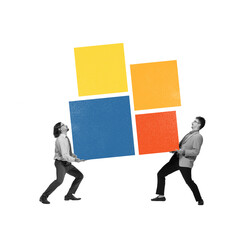 Poster. Contemporary art collage. Two men lift colorful squares together, representing strength and...