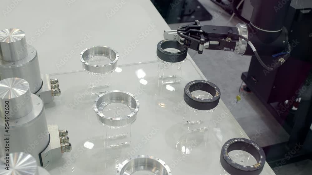 Poster a robotic arm skillfully handling precision components within a manufacturing environment. media