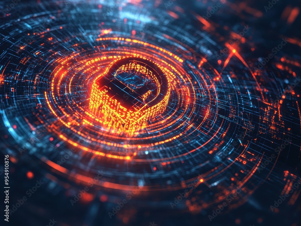 Poster abstract 3d digital lock - cyber security and data protection concept