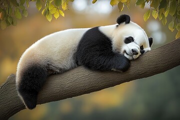 Obraz premium A peaceful panda dozing on a tree branch surrounded by vibrant autumn leaves in a tranquil forest setting