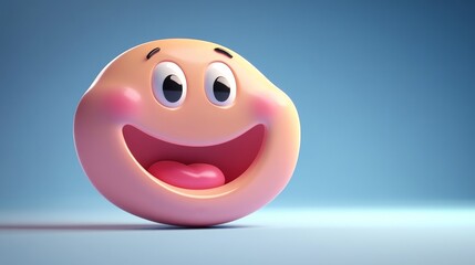 Fototapeta premium A cheerful cartoon face with big eyes and a wide smile, set against a soft blue background, perfect for conveying joy and happiness.