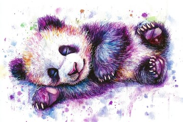 Delightful watercolor depiction of a peaceful sleeping panda nestled among soft colors in a serene setting at dusk