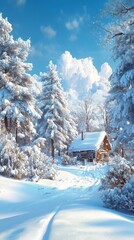 A winter wonderland scene with snow-covered trees and cabin