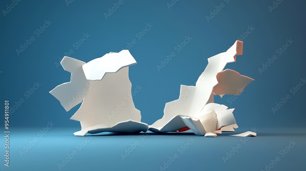 Poster a dynamic composition of crumpled paper forms creating an abstract representation on a blue backgrou