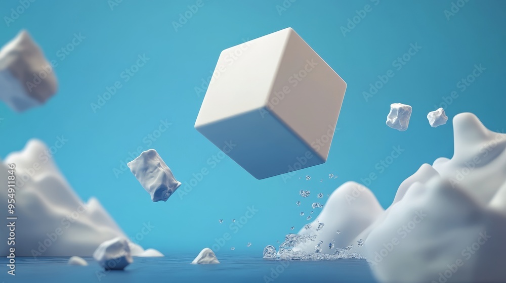 Poster a floating cube amidst abstract white shapes, creating a surreal and modern aesthetic against a blue