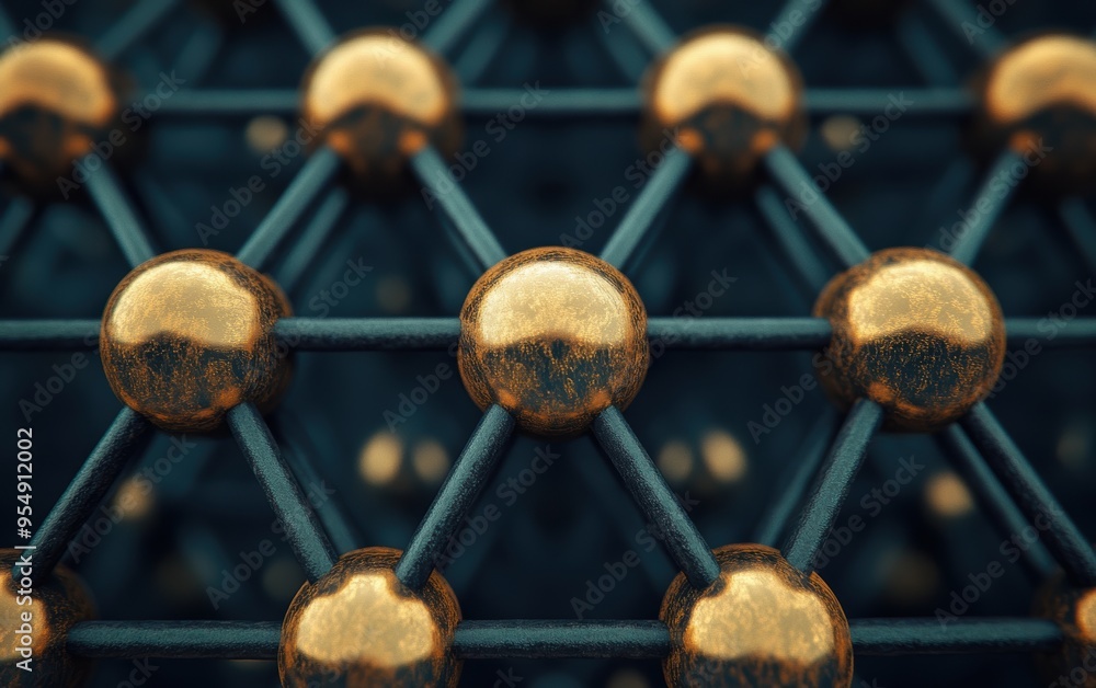 Poster abstract macro view of molecular structure with golden spheres and black connections, representing s