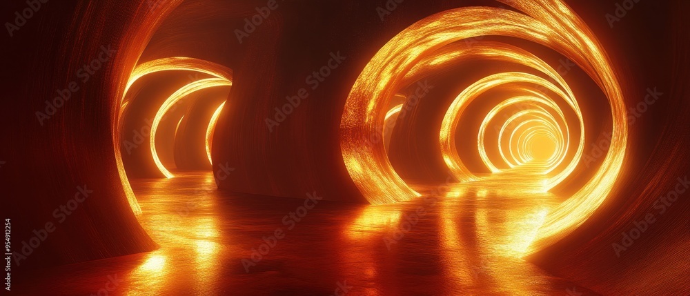 Poster abstract 3d rendering of a golden tunnel with glowing circles and reflections