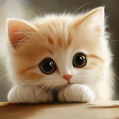 Adorable orange kitten with big eyes, peering curiously from a cozy wooden surface, capturing the essence of cuteness.