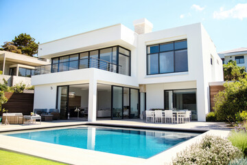 Fototapeta premium Modern house with a swimming pool and garden, featuring white modern architecture. Created with Ai