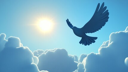 A serene scene of a bird soaring through fluffy clouds under a bright sun, symbolizing freedom and tranquility in nature.