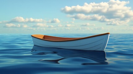 Naklejka premium A serene view of a single boat floating gently on calm water, surrounded by fluffy clouds in a clear blue sky.