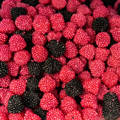 Assorted colorful gummy jelly candies. Top view. Jelly sweets.