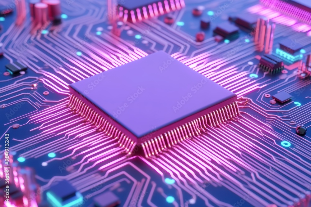Poster close-up of a vibrant circuit board with a central processing unit, showcasing modern technology and