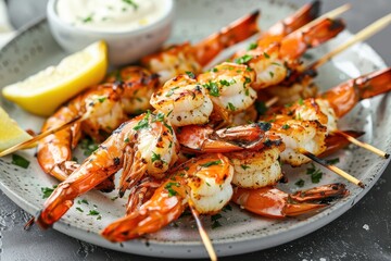 A serving of grilled prawns, skewered and served with a side of garlic aioli and lemon wedges