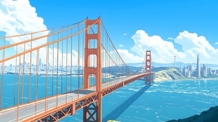 120. **Illustrate the Golden Gate Bridge during a sunny day with the San Francisco skyline and bay visible in the background.**