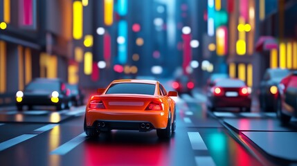 A vibrant city scene featuring a toy car navigating a colorful street filled with illuminated buildings at night.