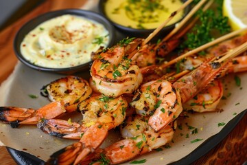 A serving of grilled prawns, skewered and served with a side of garlic aioli and lemon wedges