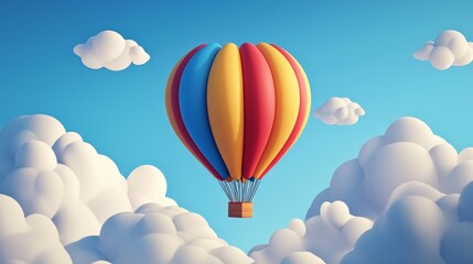 Obraz premium A vibrant hot air balloon floats gracefully through a clear blue sky filled with fluffy clouds, symbolizing adventure and freedom.